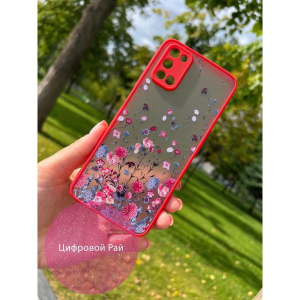 Чехол для Oppo A52/A72/A92 розовые и синие цветы красный бортик