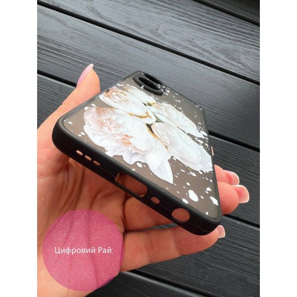 Матовий пластиковий чохол білі півонії з чорним бортиком/Oppo a98