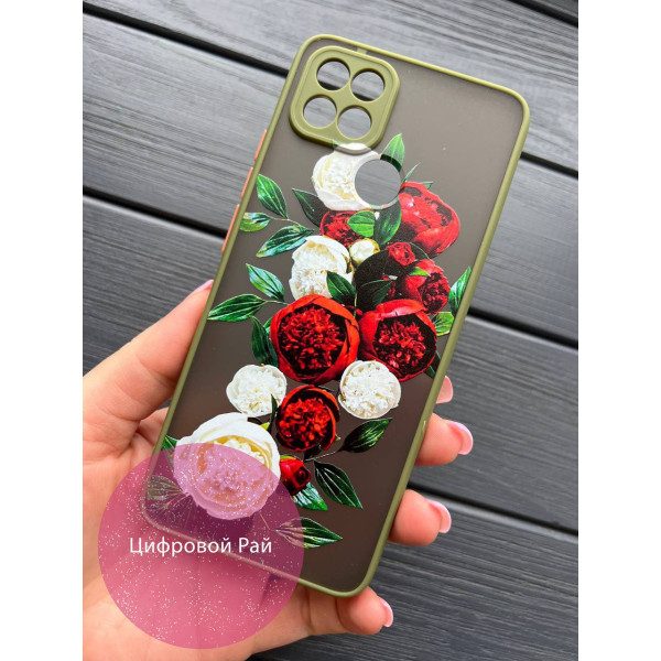 Чехол для Oppo A15s / A15 пионы красные и белый оливковый бортик