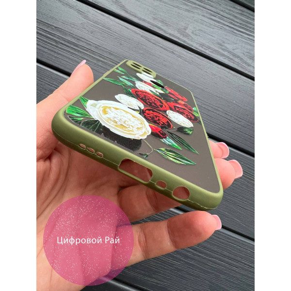 Чехол для Oppo A15s / A15 пионы красные и белый оливковый бортик