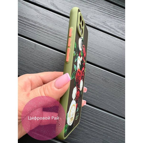 Чехол для Oppo A15s / A15 пионы красные и белый оливковый бортик
