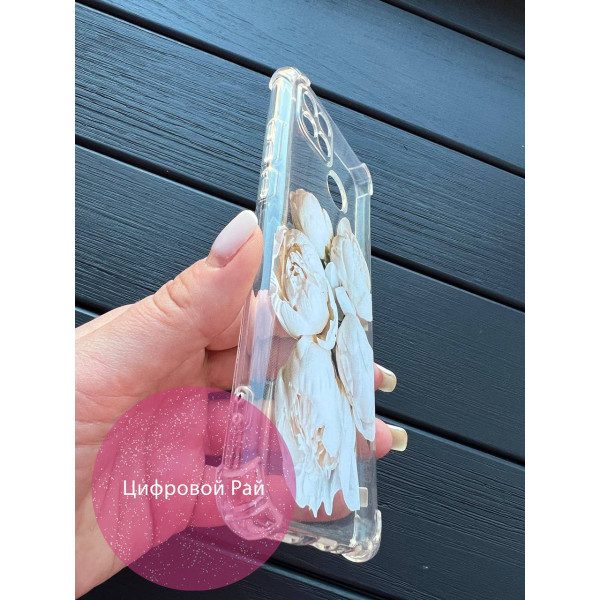 Чехол для Oppo A15s / A15 белые пионы прозрачный силикон с усиленной защитой углов