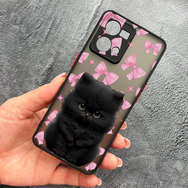 Чехол для Oppo Reno 7 4G с защитой камеры детский с котом и бантиками