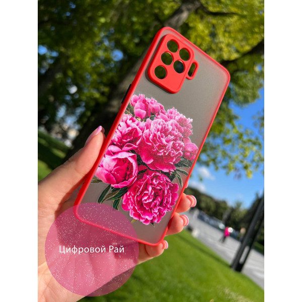 Чохол для Oppo Reno 5 Lite квіти півонії червоний бортик