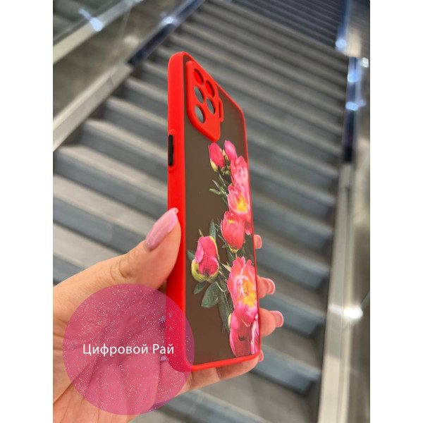 Чехол для Oppo Reno 5 Lite пионы боковые красный бортик