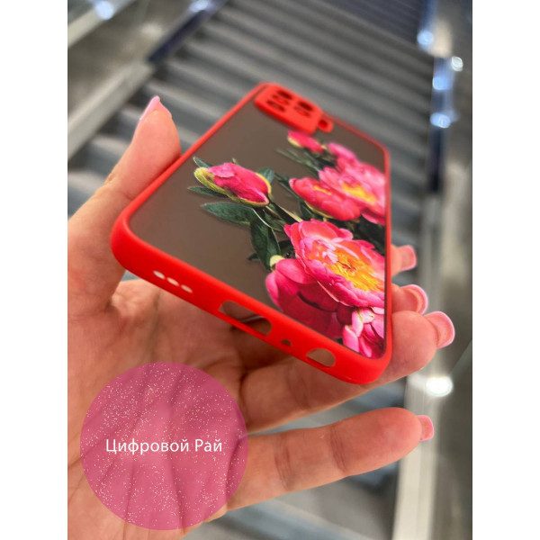 Чехол для Oppo Reno 5 Lite пионы боковые красный бортик