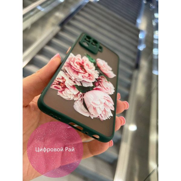 Чохол для Oppo Reno 5 Lite з квітами півонії рожеві з зеленим бортиком