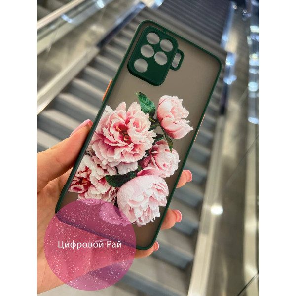 Чохол для Oppo Reno 5 Lite з квітами півонії рожеві з зеленим бортиком