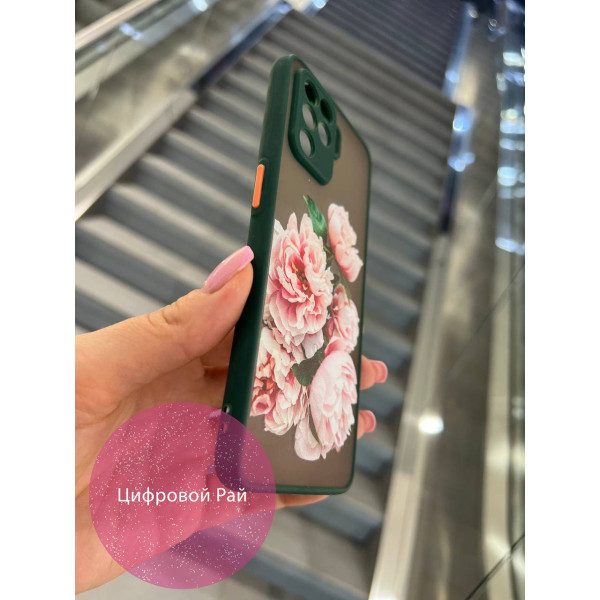 Чохол для Oppo Reno 5 Lite з квітами півонії рожеві з зеленим бортиком