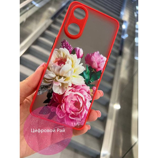 Чехол для Oppo Reno 8T 4G пионы классические красный бортик