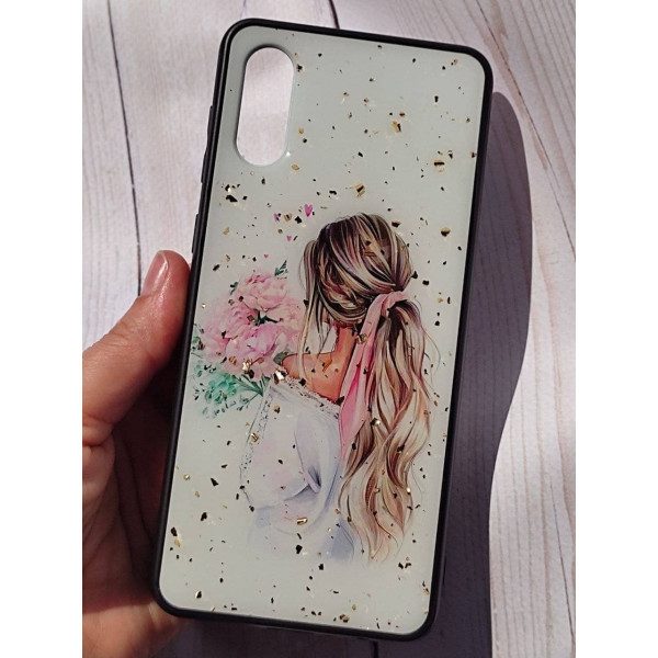 Чехол для Samsung Galaxy A02 акриловый чехол с блестками девушка с хвостиком и букет цветов