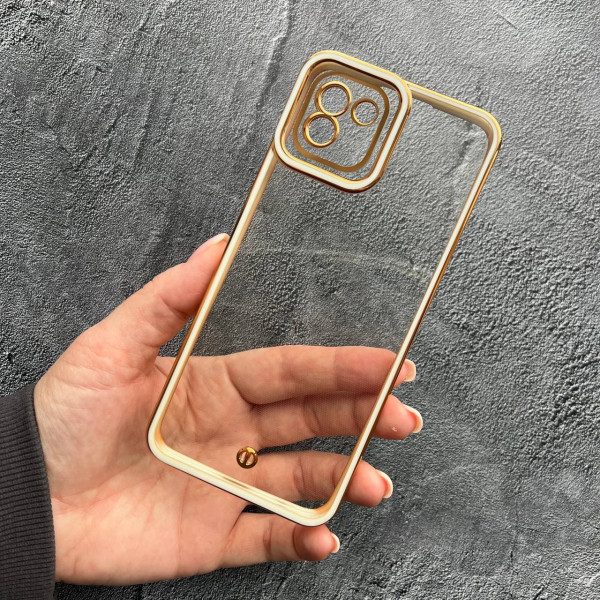 Чехол для Samsung Galaxy A03 с защитой камеры прозрачный чехол с белым бортиком и золотой обводкой