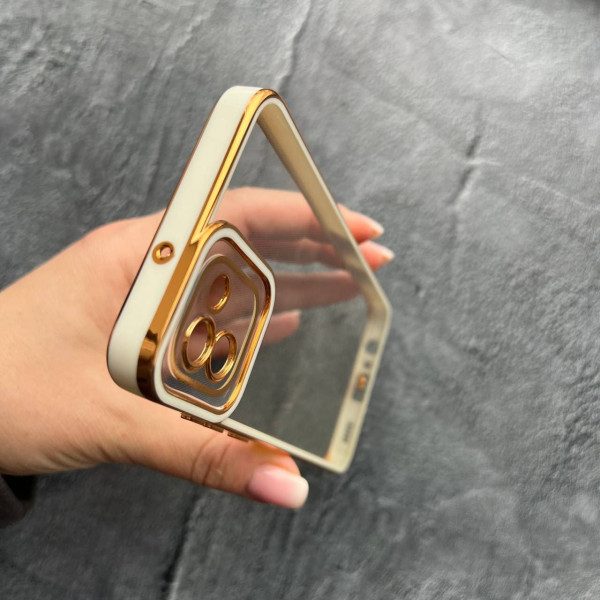 Чехол для Samsung Galaxy A03 с защитой камеры прозрачный чехол с белым бортиком и золотой обводкой