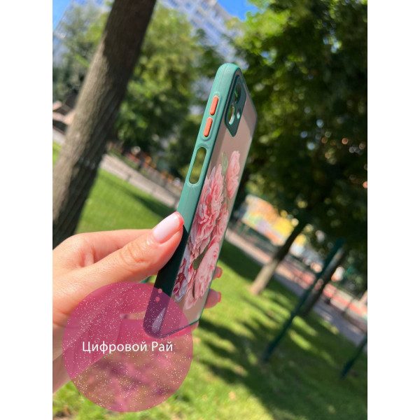 Чехол для Samsung Galaxy A04 с пионами розовыми зеленый бортик