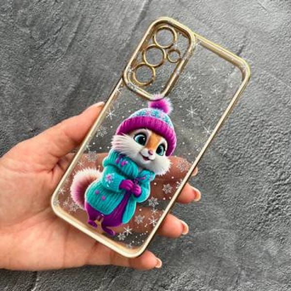 Чохол для Samsung Galaxy A15 з захистом камери зимовий чохол з пухнастим звірком прозорий чохол з білим бортиком та золотою обводкою