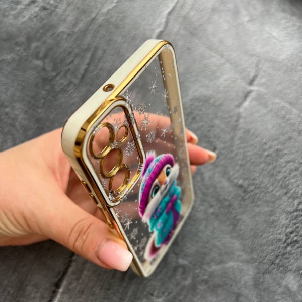 Чохол для Samsung Galaxy A15 з захистом камери зимовий чохол з пухнастим звірком прозорий чохол з білим бортиком та золотою обводкою