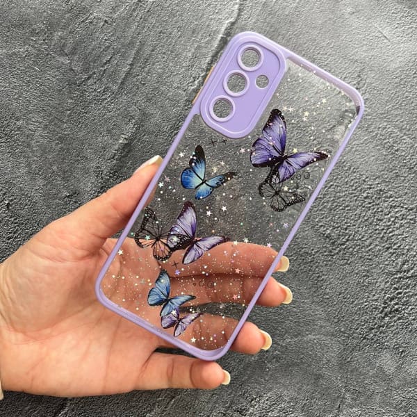 Чехол для Samsung Galaxy A24 с защитой камеры бабочки с блестками с сиреневым бортиком