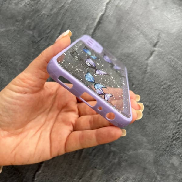 Чехол для Samsung Galaxy A24 с защитой камеры бабочки с блестками с сиреневым бортиком