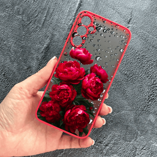 Чохол для Samsung Galaxy A24 з захистом камери з квітами червоні крупні півонії з червоним бортиком