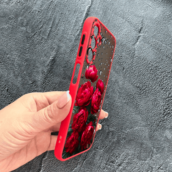 Чохол для Samsung Galaxy A24 з захистом камери з квітами червоні крупні півонії з червоним бортиком
