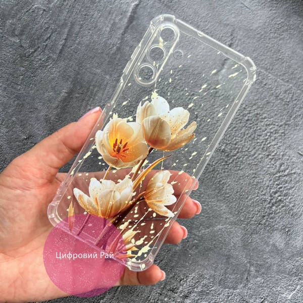 Чехол для Samsung Galaxy A15 золотые тюльпаны противоударный прозрачный силиконовый чехол
