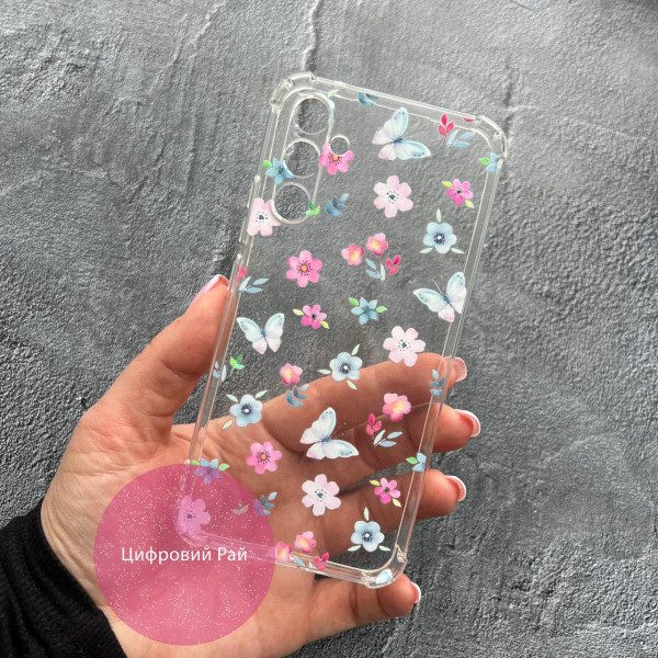 Чехол для Samsung Galaxy A34 цветочки и бабочки противоударный прозрачный силиконовый чехол