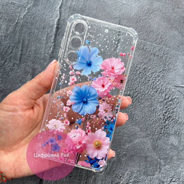 Чехол для Samsung Galaxy A35 5G A356 розово-синие цветы противоударный прозрачный силиконовый чехол
