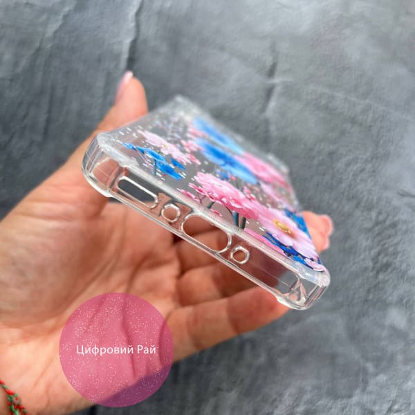 Чехол для Samsung Galaxy A35 5G A356 розово-синие цветы противоударный прозрачный силиконовый чехол