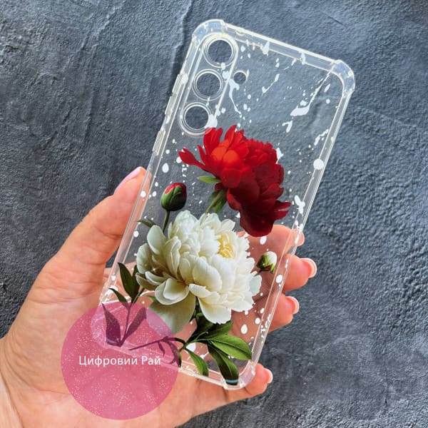 Чехол для Samsung Galaxy A35 красно-белые пионы противоударный прозрачный силиконовый чехол