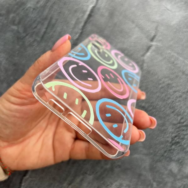 Чехол для Samsung Galaxy S23 FE с защитой камеры со смайликами противоударный прозрачный силиконовый чехол
