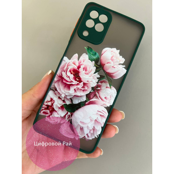 Чохол для Samsung Galaxy A22 4G / M32 / M22 з захистом камери з квітами півонії рожеві з зеленим бортиком
