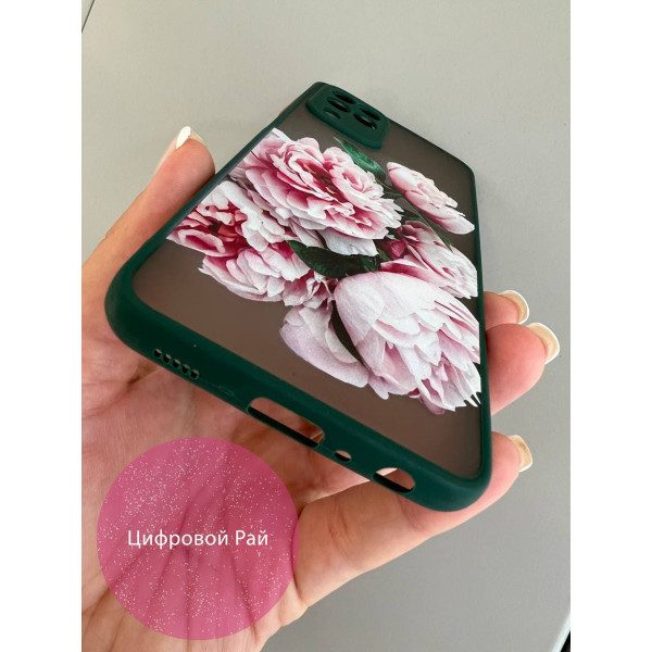 Чохол для Samsung Galaxy A22 4G / M32 / M22 з захистом камери з квітами півонії рожеві з зеленим бортиком