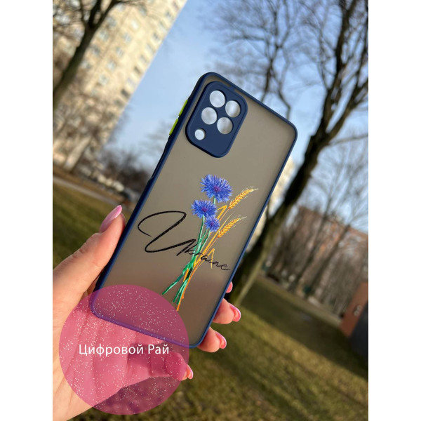 Чохол для Samsung Galaxy A22 4G / M32 / M22 з захистом камери патріотичний з волошкою темно-синій бортик