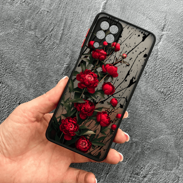 Чохол для Samsung Galaxy A12 / M12 з захистом камери червоні півонії маленькі