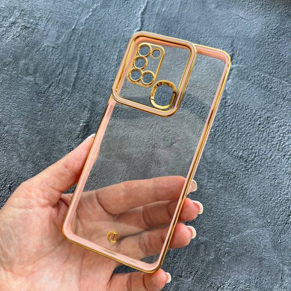 Чехол для Samsung Galaxy A21s прозрачный чехол с персиковым бортиком и золотой обводкой
