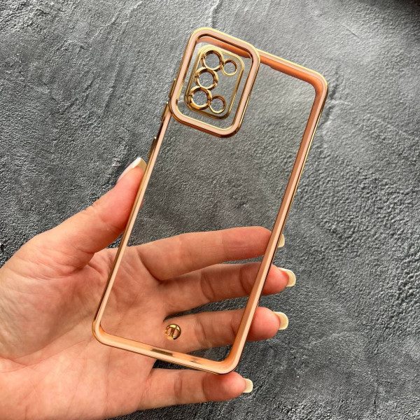 Чехол для Samsung Galaxy A31 с защитой камеры прозрачный чехол с персиковым бортиком и золотой обводкой