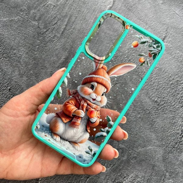 Чохол для Samsung Galaxy A34 з захистом камери з новорічним зайчиком з бірюзовим бортиком