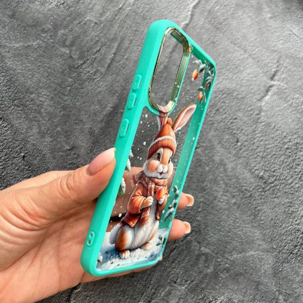 Чохол для Samsung Galaxy A34 з захистом камери з новорічним зайчиком з бірюзовим бортиком