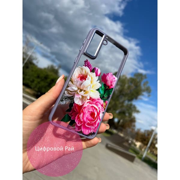 Чохол для Samsung Galaxy S21 Plus з півоніями прозорий з сіро-лавандовим бортиком