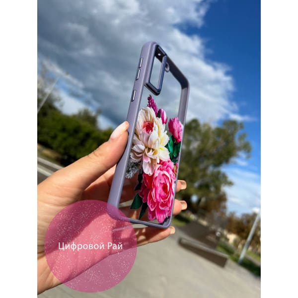 Чохол для Samsung Galaxy S21 Plus з півоніями прозорий з сіро-лавандовим бортиком