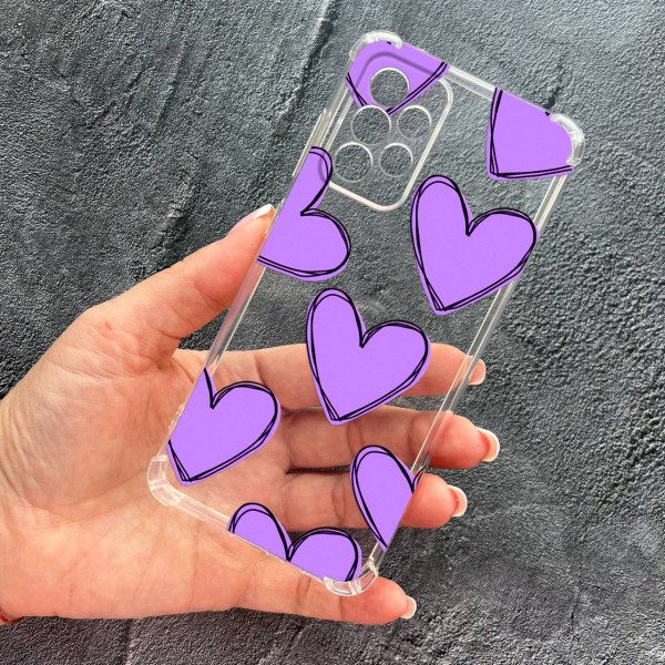 Чохол для Samsung Galaxy A33 з захистом камери з бузковими сердечками протиударний прозорий силіконовий чохол