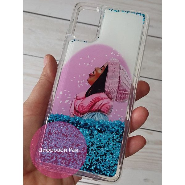 Чехол для Samsung Galaxy A51 переливашка девушка в шляпе/голубой блестки