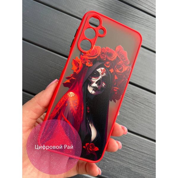Чехол для Samsung Galaxy M14 Санта-Муэрте классический с красным бортиком.