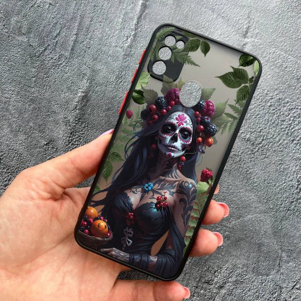 Чехол для Samsung Galaxy M30s / M21 с защитой камеры девушка Санта-Муэрте и листьями