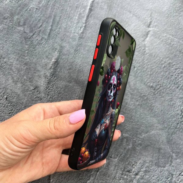 Чехол для Samsung Galaxy M30s / M21 с защитой камеры девушка Санта-Муэрте и листьями