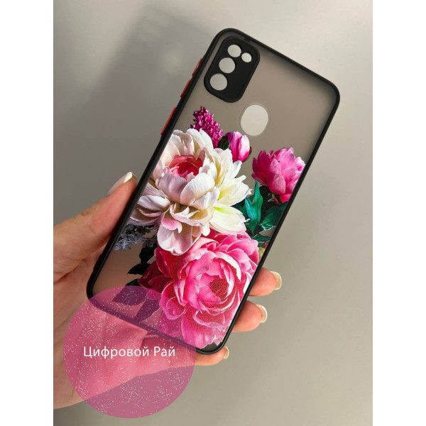 Чехол для Samsung Galaxy M30s / M21 з пионами чорный бортик 