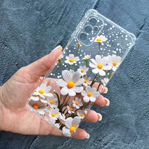 Чехол для Samsung Galaxy M52 / M52 5G с защитой камеры с цветами ромашки белые противоударный прозрачный силиконовый чехол