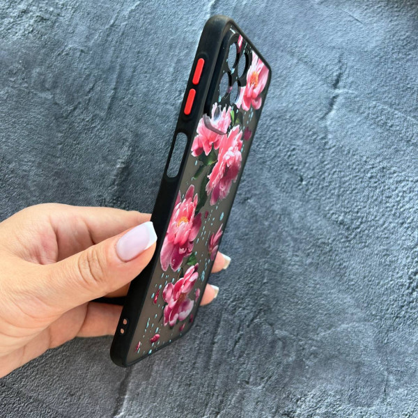 Чохол для Samsung Galaxy M53 з захистом камери півонії рожеві з краплями води з чорним бортиком