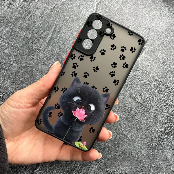Чехол для Samsung Galaxy S22 Plus с защитой камеры детский с котиком и цветком