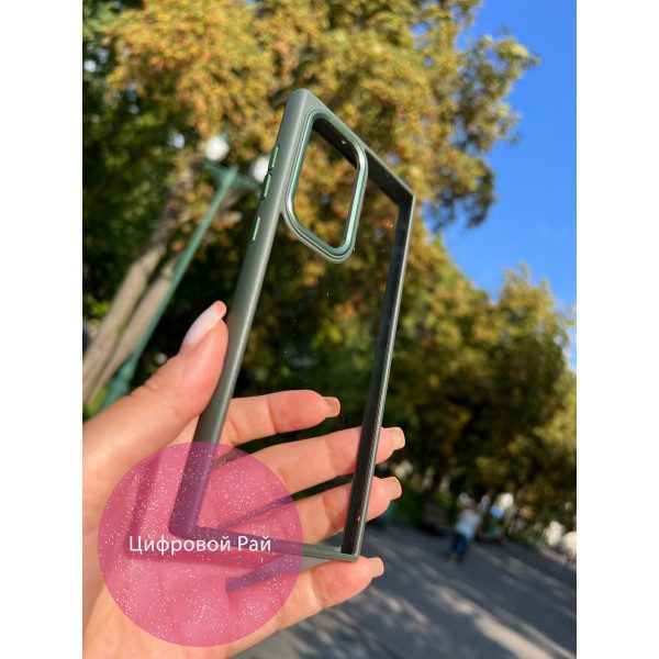 Чехол для Samsung Galaxy S22 Ultra прозрачный чехол с зеленым бортиком и металлической обводкой по камере